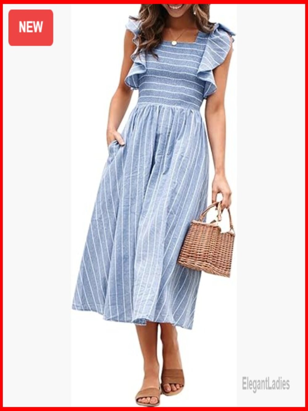 Smocked Midi Dress With Pockets Flutter Sleeve A-Line Boho Modest